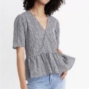 Madewell Crossover Peplum Top in Textured Gingham Check Black White Size XS